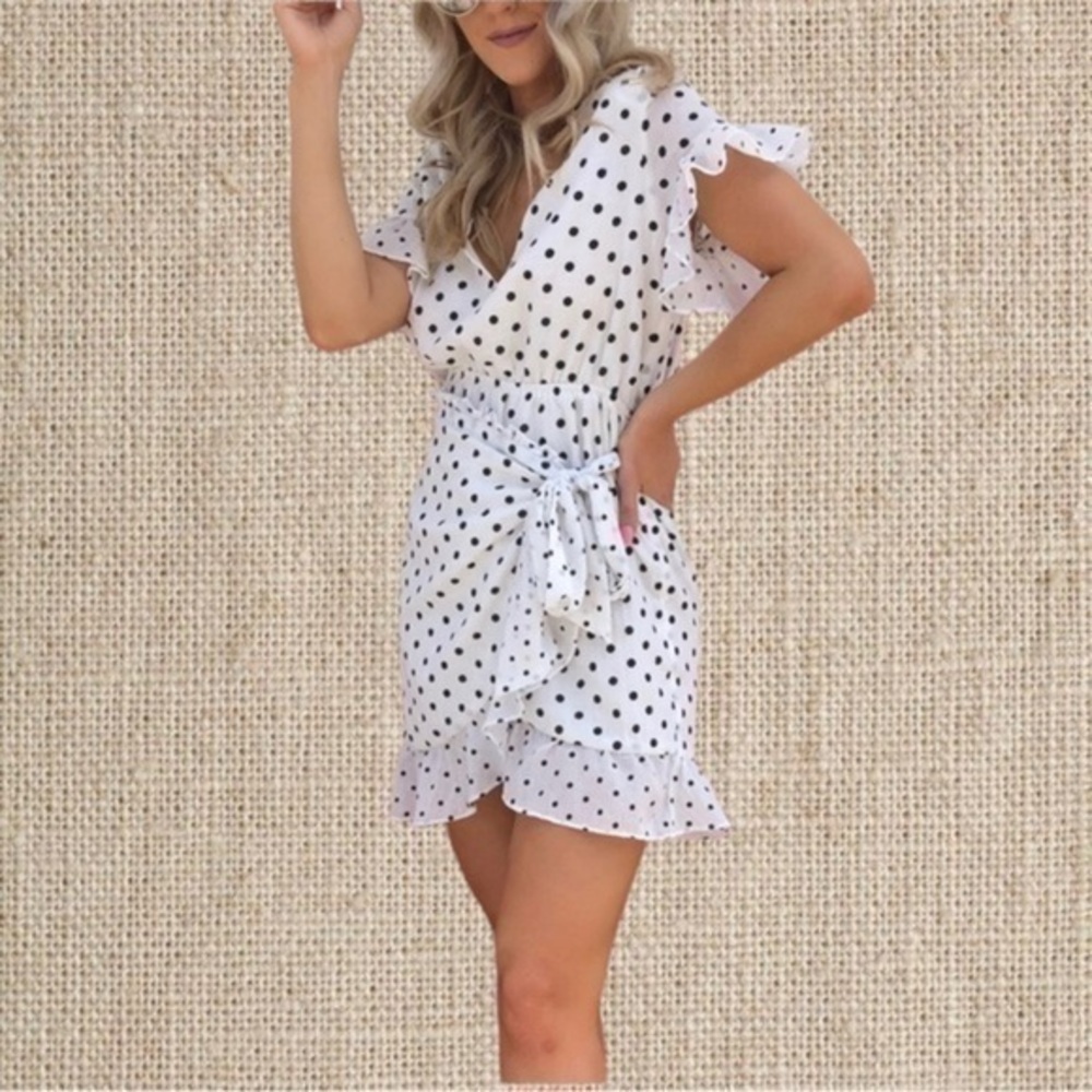 Polkadot, wrap style, mini dress with ruffle trim​